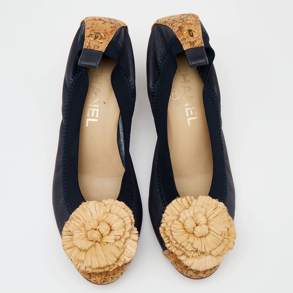 CHANEL Shoes - CHANEL Navy Leather Ballet Block Cork Heels + Raffia Camellia Flower.